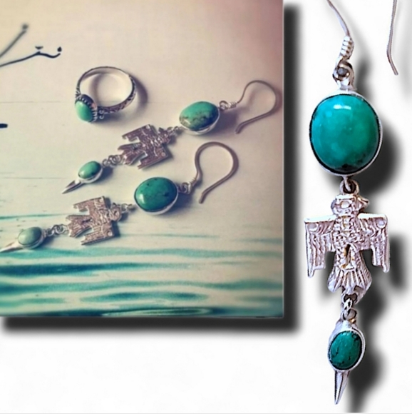 Vintage Spell Designs RARE Bohemian Genuine Turquoise Silvertone Drop Earrings - Picture 3 of 7